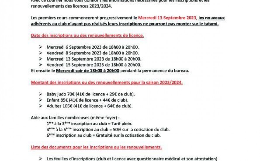 Date Inscription et renouvellements licence